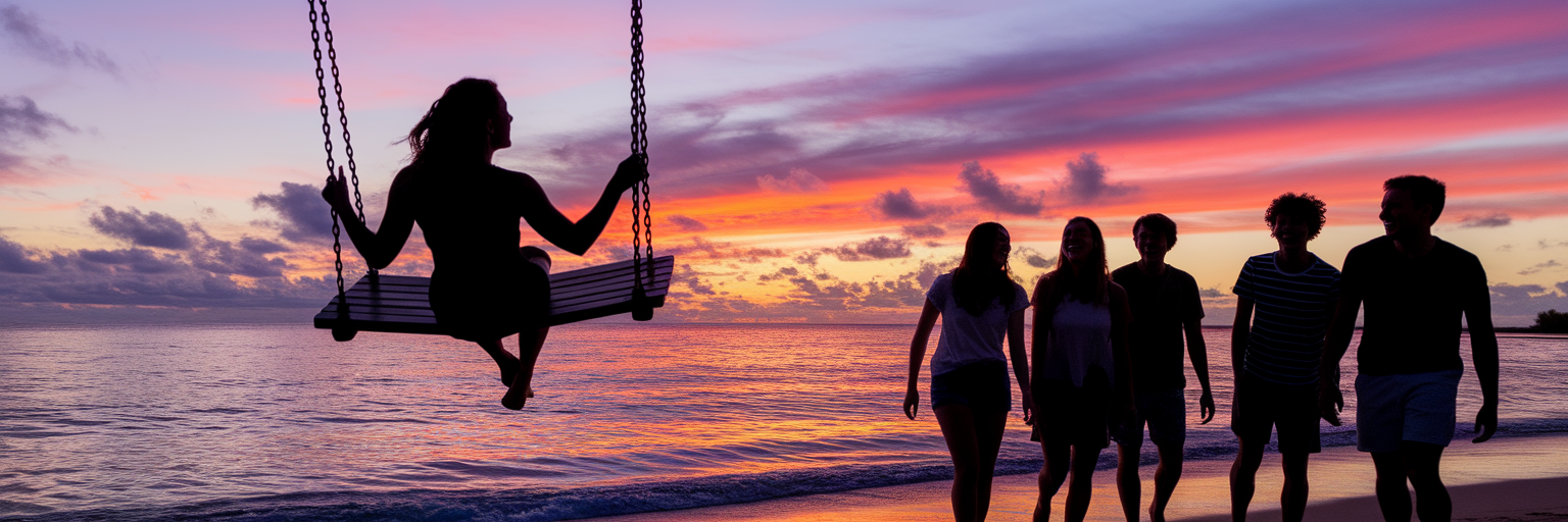 Friends on a Gili Islands beach at sunset.