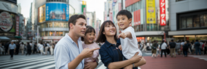 Family exploring Shibuya Crossing in Tokyo.