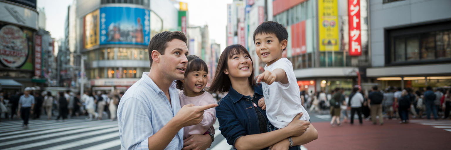 Family exploring Shibuya Crossing in Tokyo.