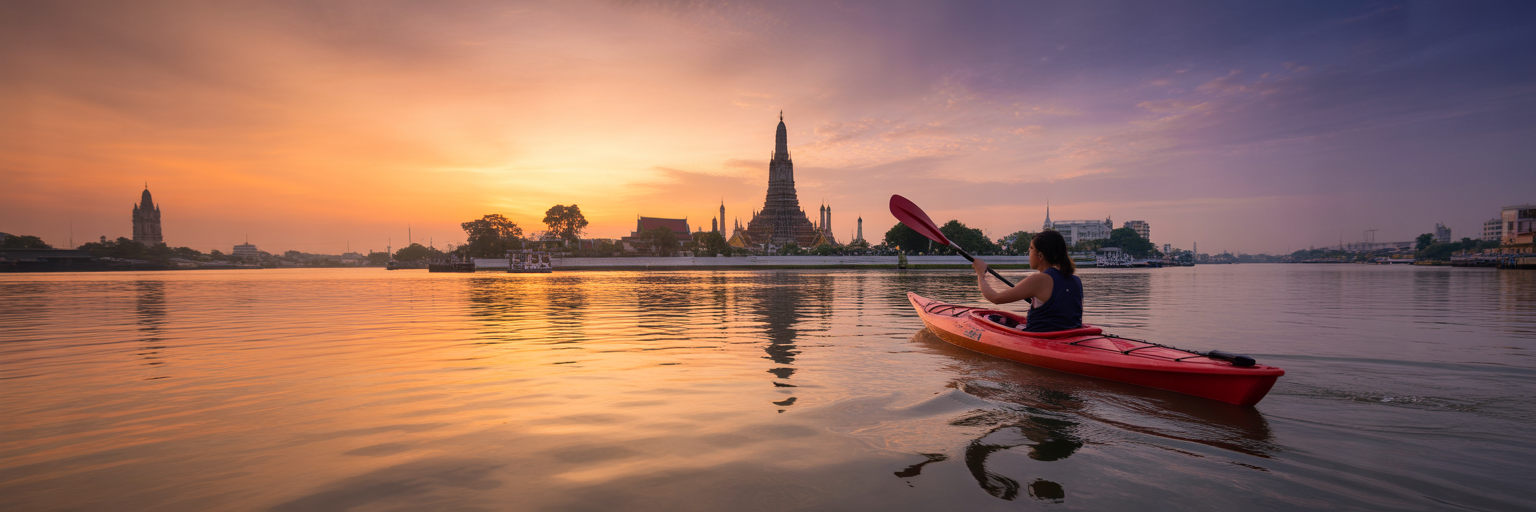 Kayaker on Chao Phraya River at sunrise.