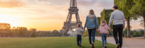 Family walking towards the Eiffel Tower at sunset.