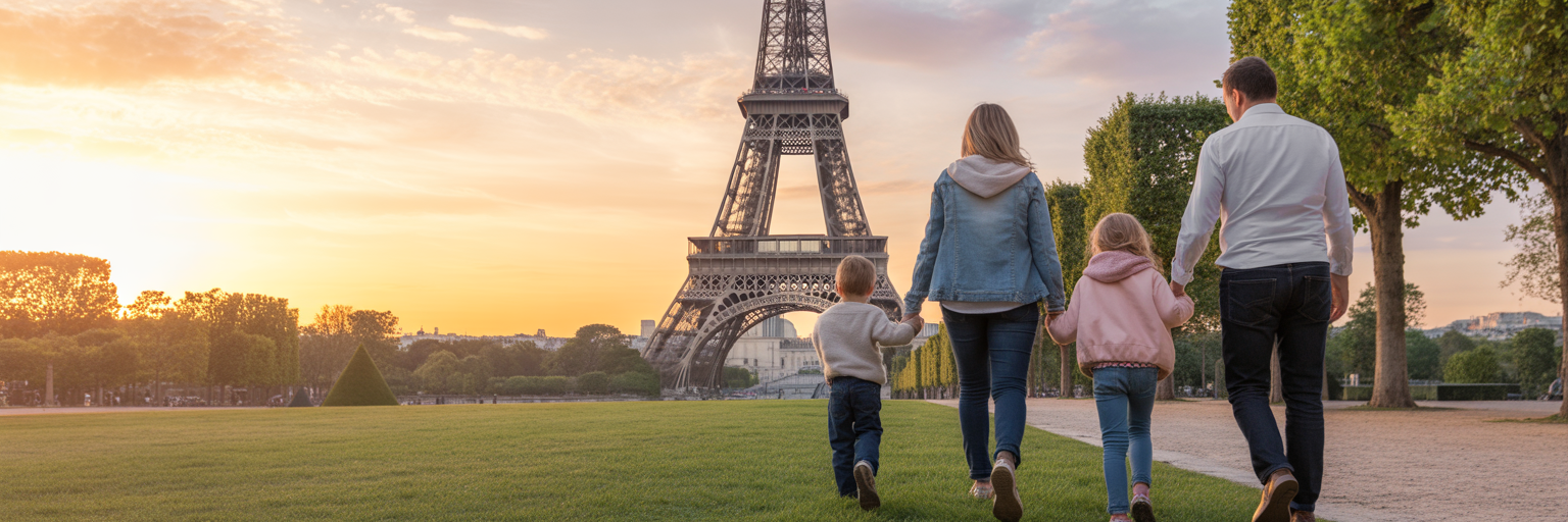 Family walking towards the Eiffel Tower at sunset.