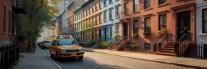 Quiet street with New York brownstones.