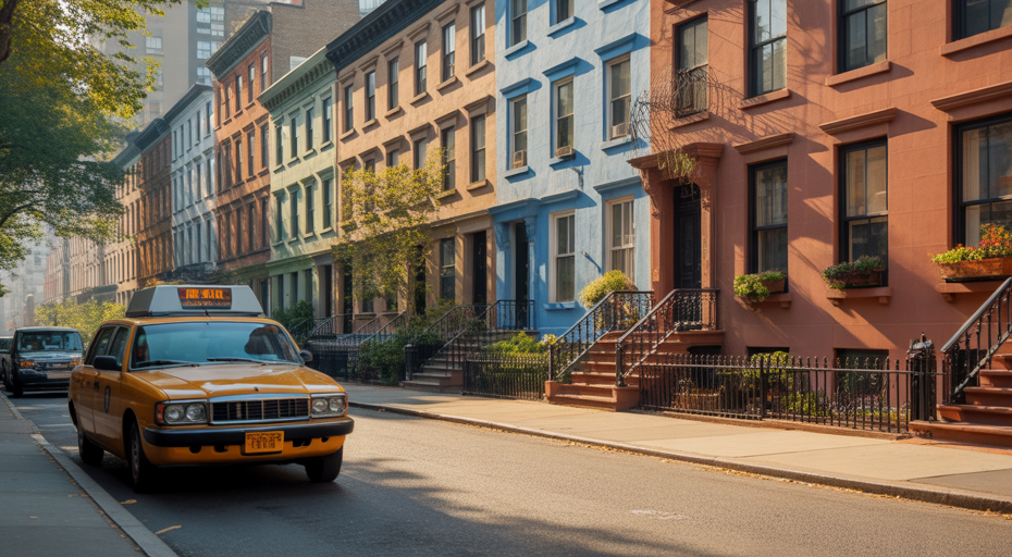 Quiet street with New York brownstones.