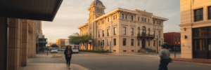 Historic courthouse in Edinburg Texas at sunset.