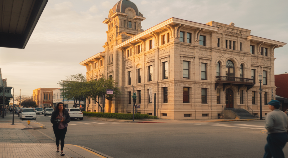 Historic courthouse in Edinburg Texas at sunset.