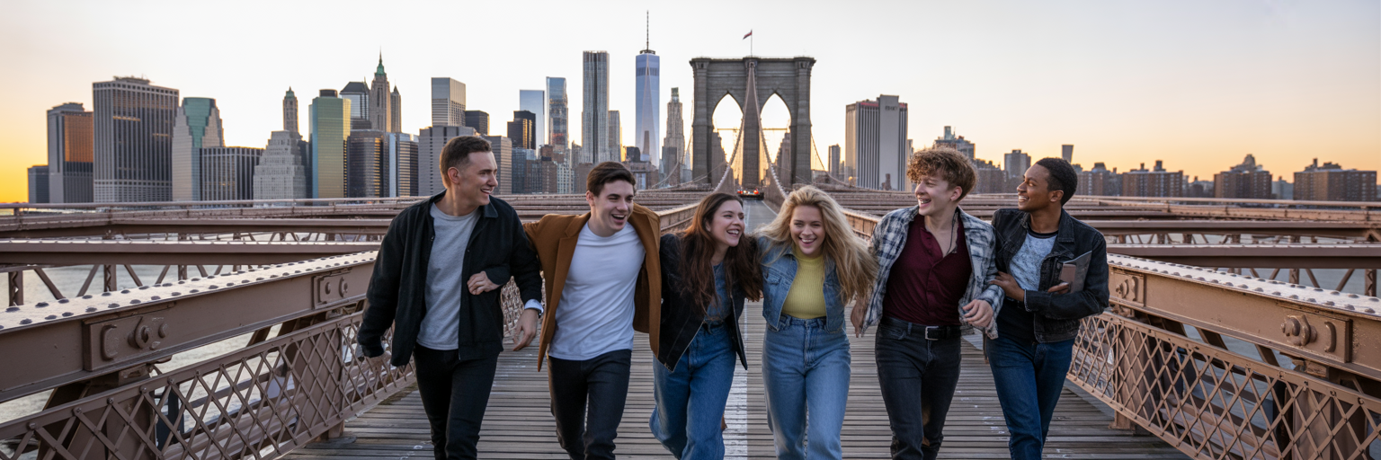 Friends walking across Brooklyn Bridge sunset.