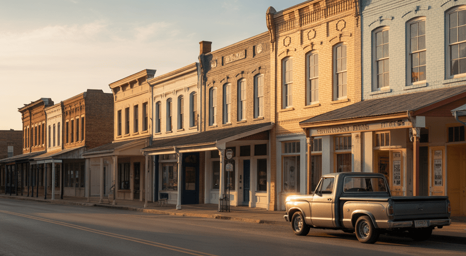 Historic downtown street in Bryan Texas at sunset.