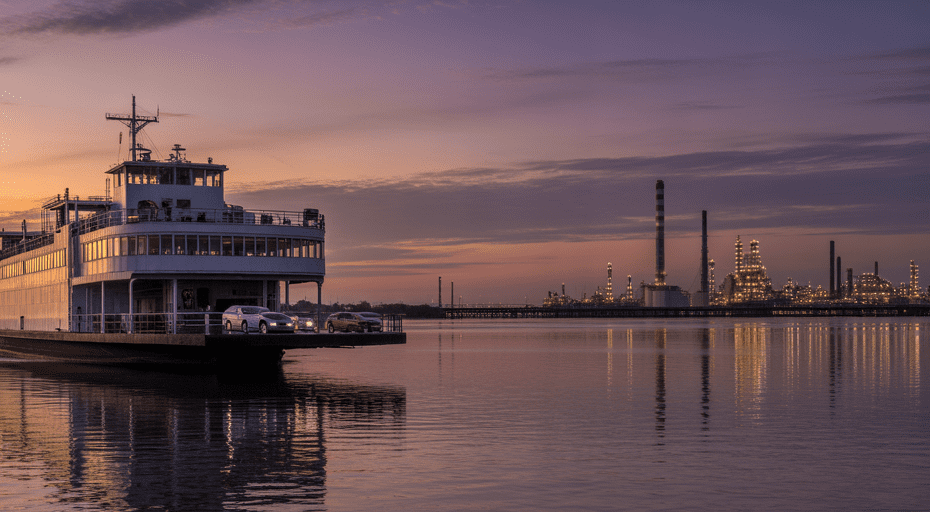 Lynchburg Ferry crossing at sunset in Baytown.