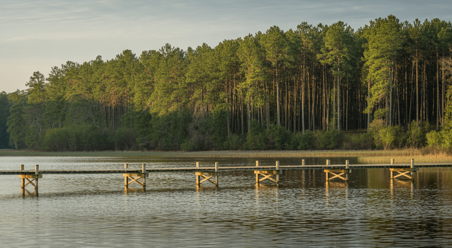 Peaceful East Texas lake at sunrise near Longview.