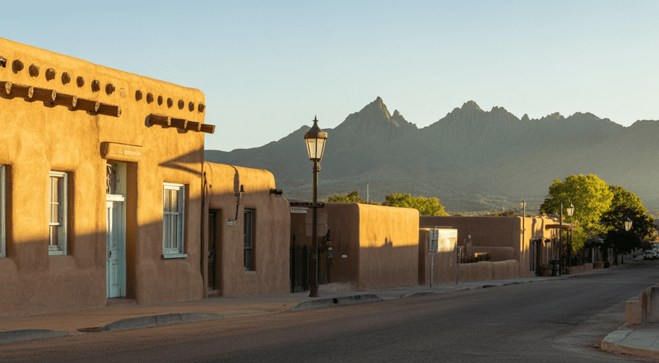 Historic adobe street in Mesilla with Organ Mountains view.
