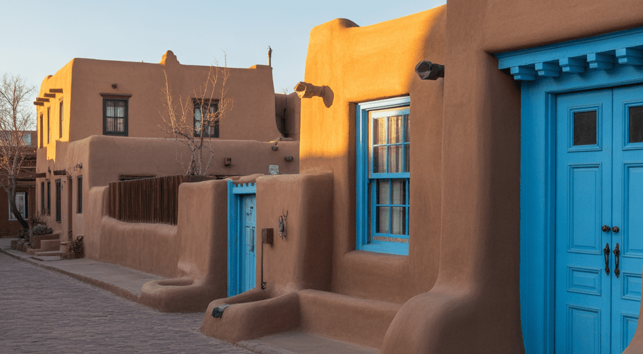 Quiet Santa Fe adobe street at sunset.