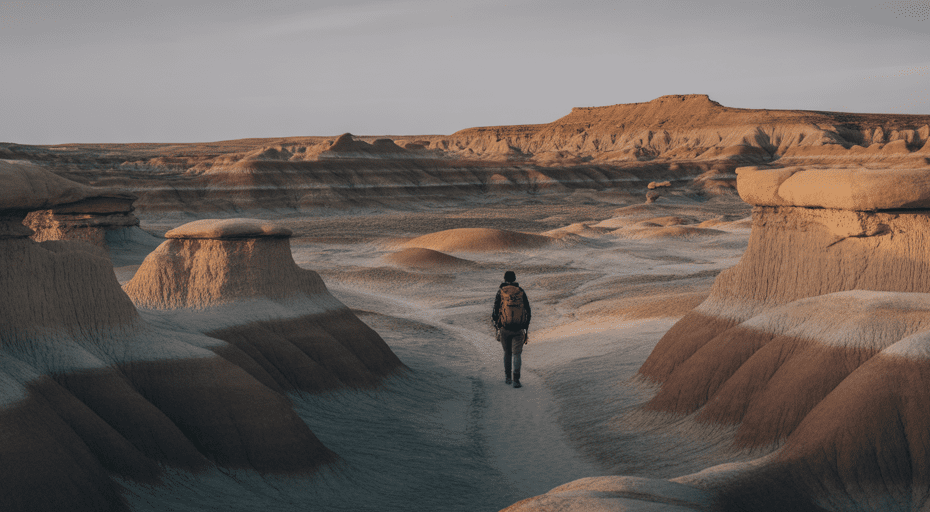 Lone hiker in the Bisti Badlands sunset.