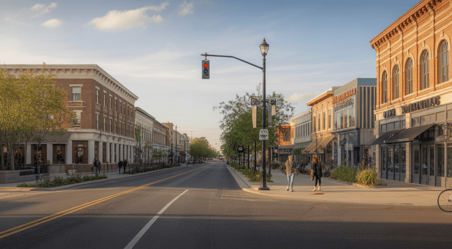 Street-level view of Gilbert's Heritage District at sunset.