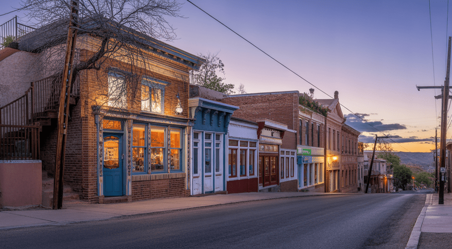 Quiet winding street in Jerome Arizona at dusk.