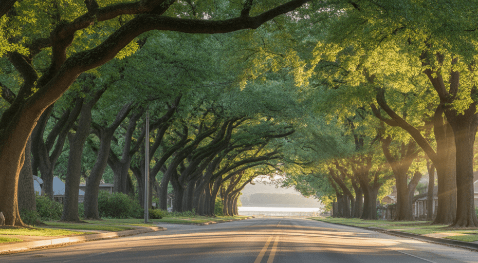 Quiet tree-lined residential street in Atascocita Texas.