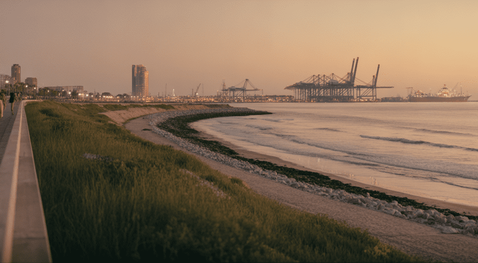 Long Beach shoreline path at dusk