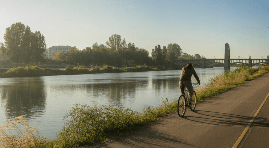 Cyclist on American River trail at sunset