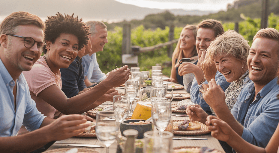 Diverse group of friends enjoying meal.