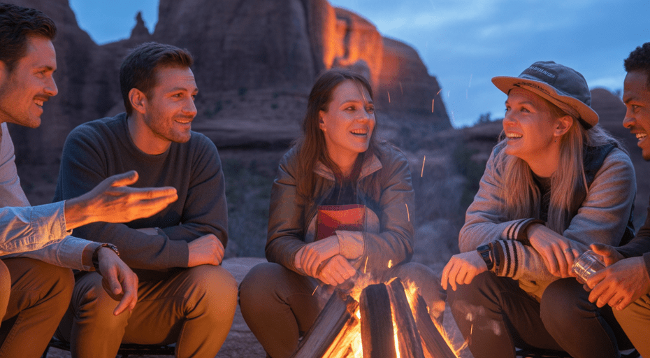 Diverse group of friends laughing around a campfire.