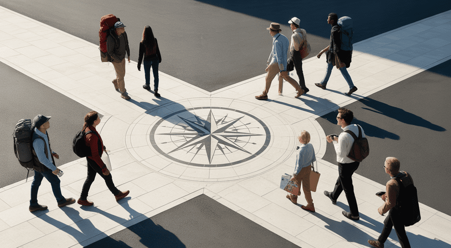 Groups of travelers meeting at a crossroads.