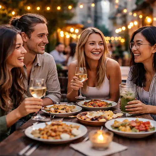 A group of friends eating at an outdoor table