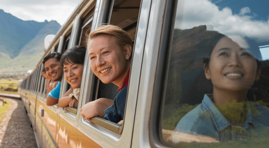 View from a tour van with travelers' reflections.