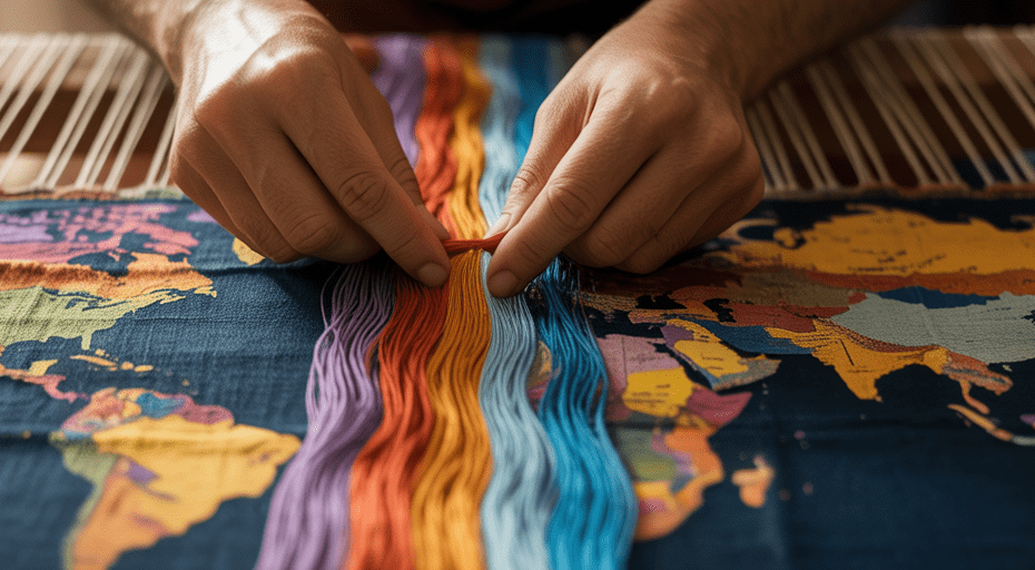 Vibrant thread woven into world map tapestry.