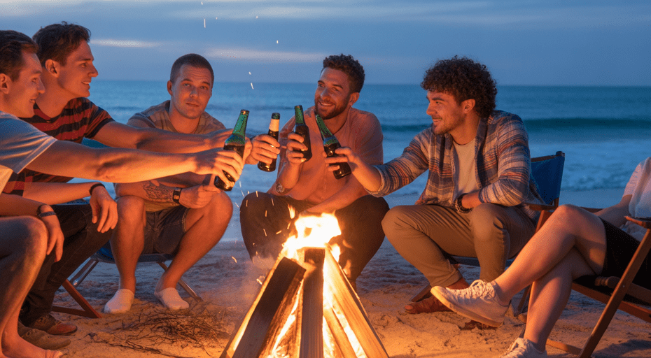 Friends relaxing at a beach bonfire at dusk