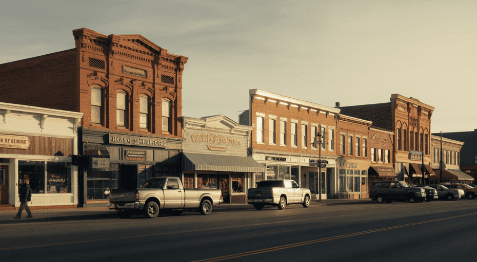 Historic downtown Rock Springs street at dusk.