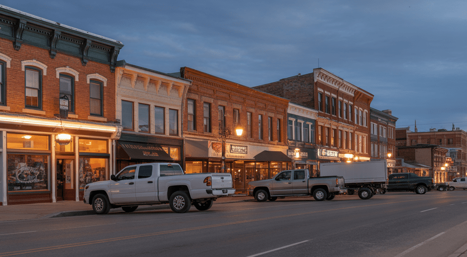 Downtown Gillette Wyoming street at dusk.