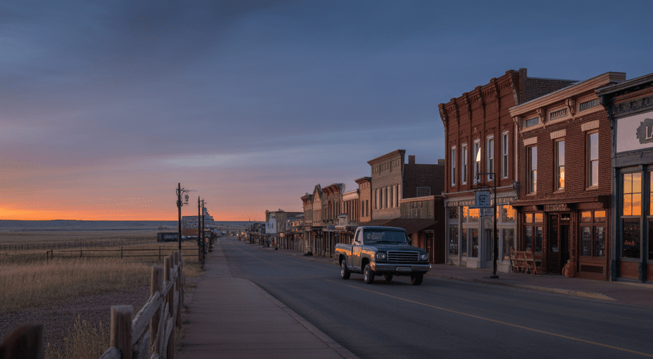 Historic downtown Laramie street at sunset.