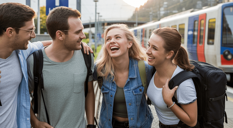Group of friends with backpacks at train station