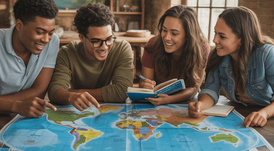 Diverse group of friends planning trip.