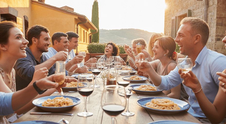 Group of travelers sharing dinner in Tuscany.