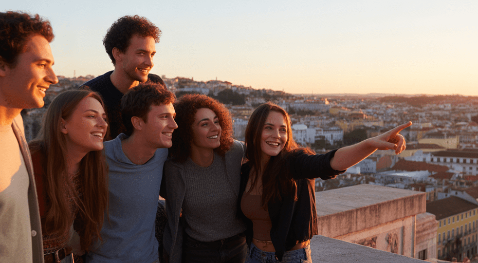 Young travelers watching sunset over a city
