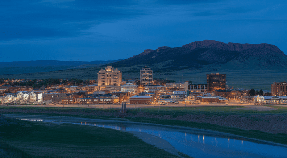 Casper Wyoming skyline with Casper Mountain at dusk.