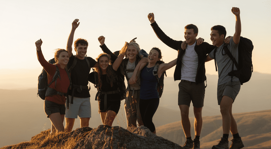 Group of friends celebrating at a mountain summit.