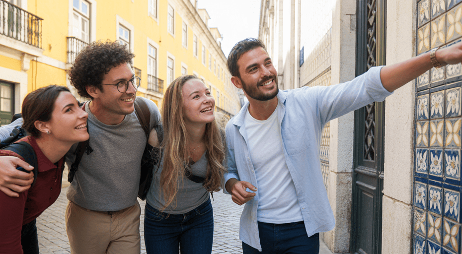 Group of travelers discovering city architecture together.