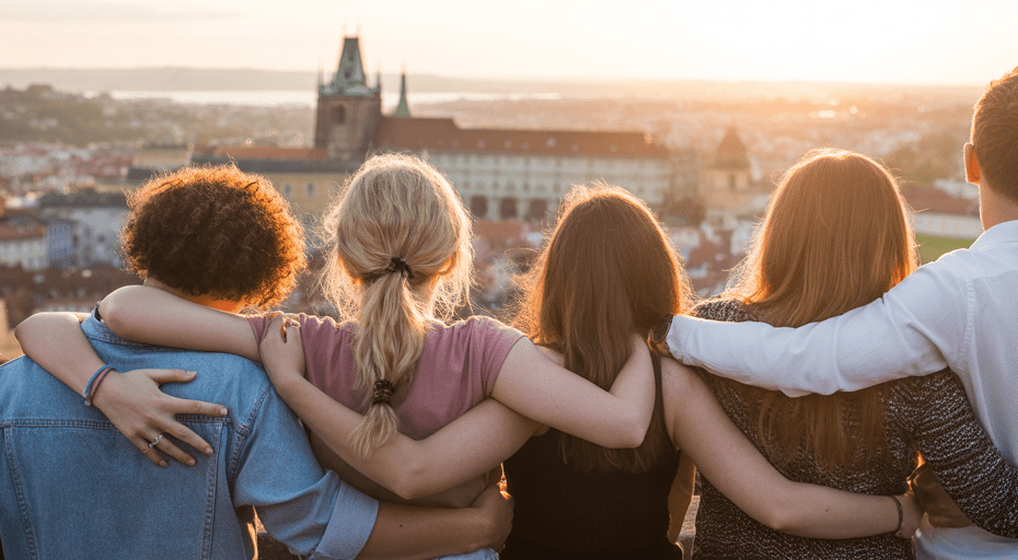 Friends watching a sunset over a European city.