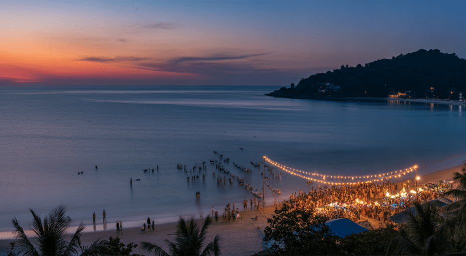Haad Rin beach at dusk before Full Moon Party.
