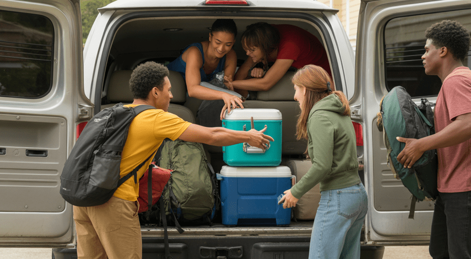 Friends packing a van for a group road trip