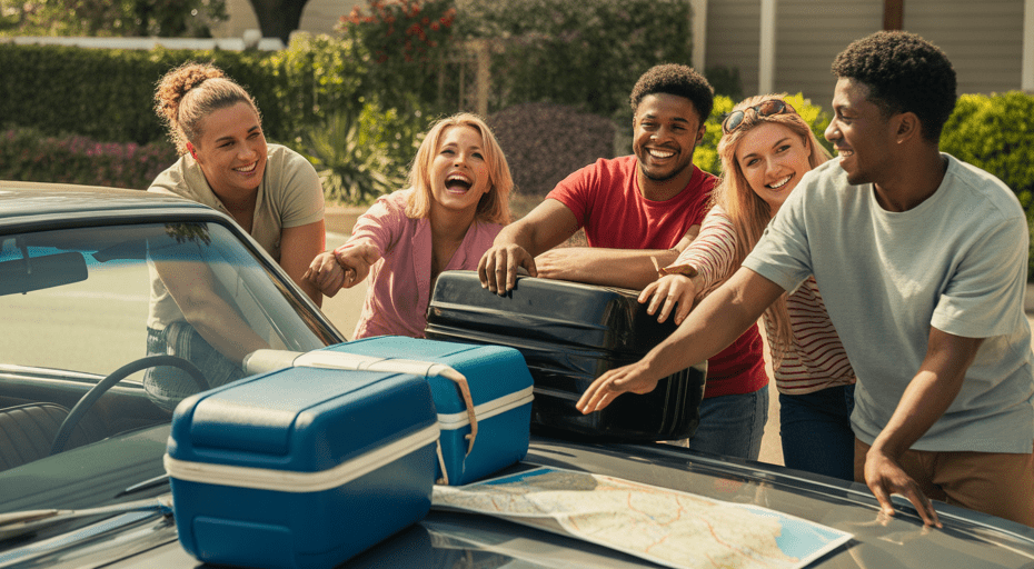 Friends packing a car for a group road trip.