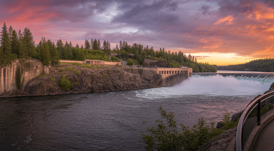Sunset view of the Post Falls dam.