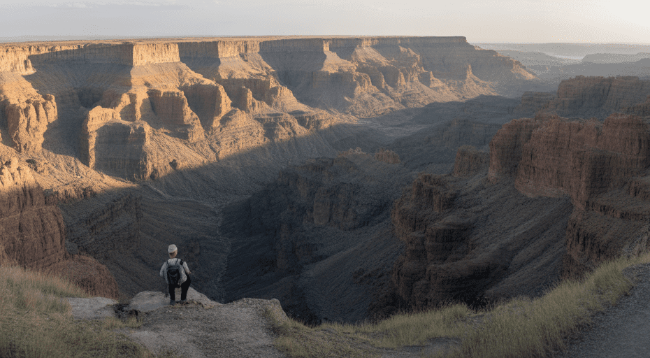 Hiker viewing Snake River Canyon at sunrise.