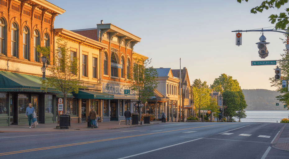 Historic Sherman Avenue in Coeur d'Alene at sunset.