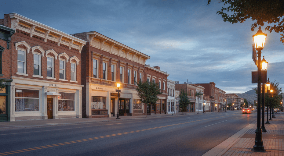 Historic downtown Pocatello buildings at dusk.