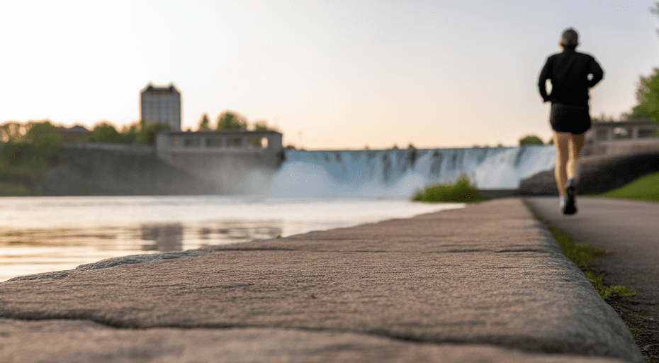 Jogger on Idaho Falls riverwalk at sunrise.
