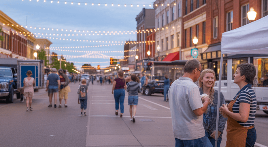 Nampa Idaho downtown street festival at dusk.