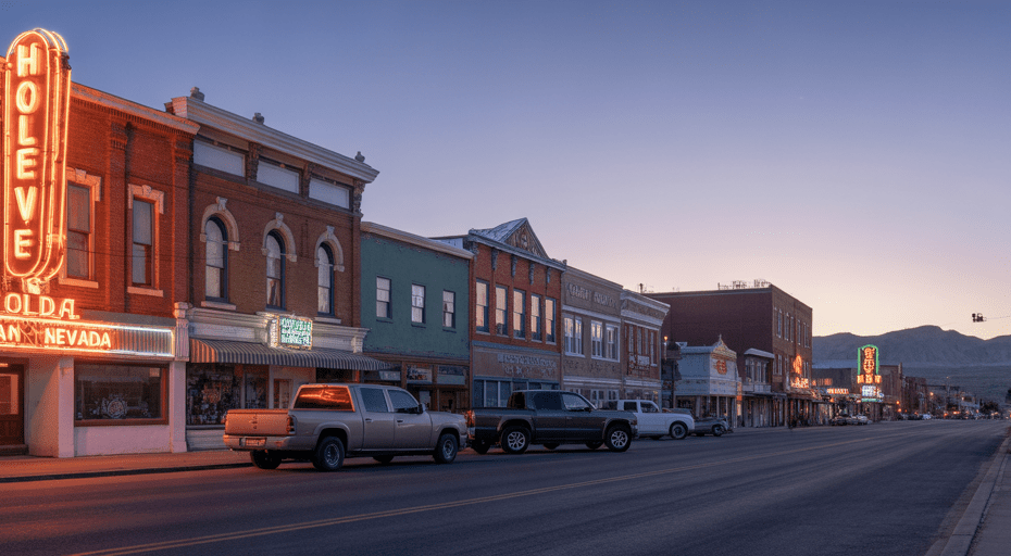 Ely Nevada main street at dusk with neon signs.